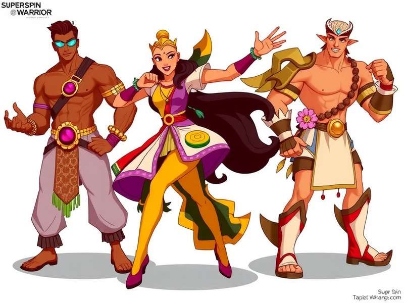 Super Spin Warrior Character Roster Super Spin Warrior character lineup featuring Arjun Spinster, Durga Devi, Rajput Racer, and Tamil Thunder
